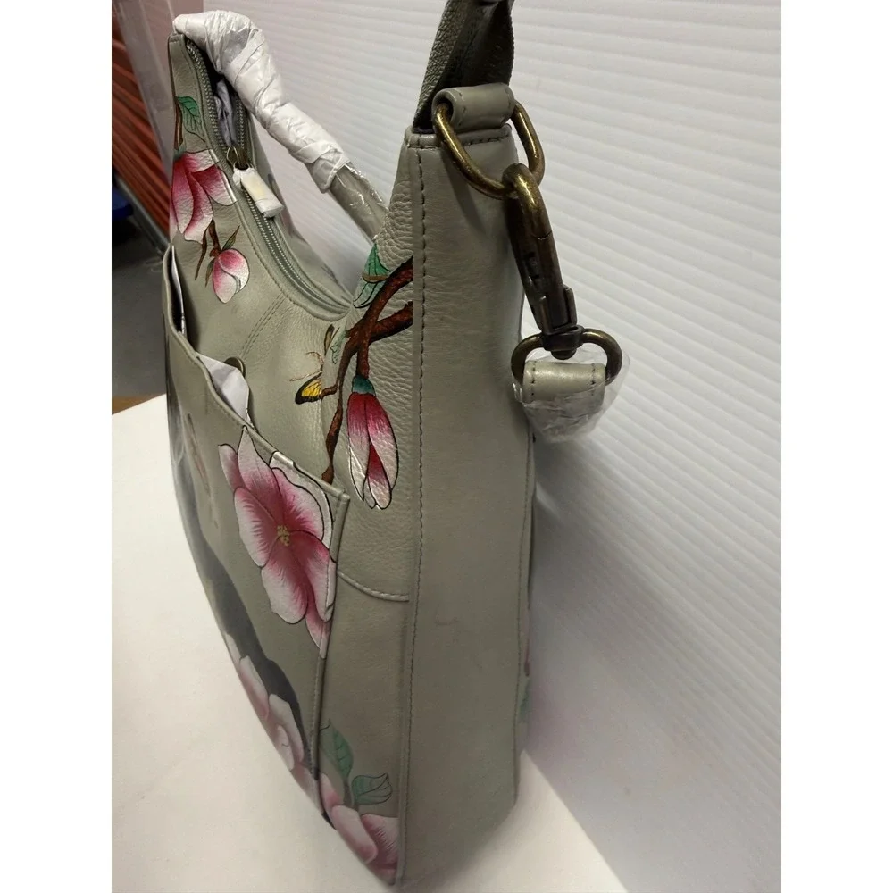 Anuschka Gray Floral Panther Butterfly Purse BAG  w/ change purse NEW SEE PICS